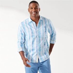 Tommy Bahama Shirt sz XL Mens White Blue Waves Linen Long Sleeve Button Up Shirt